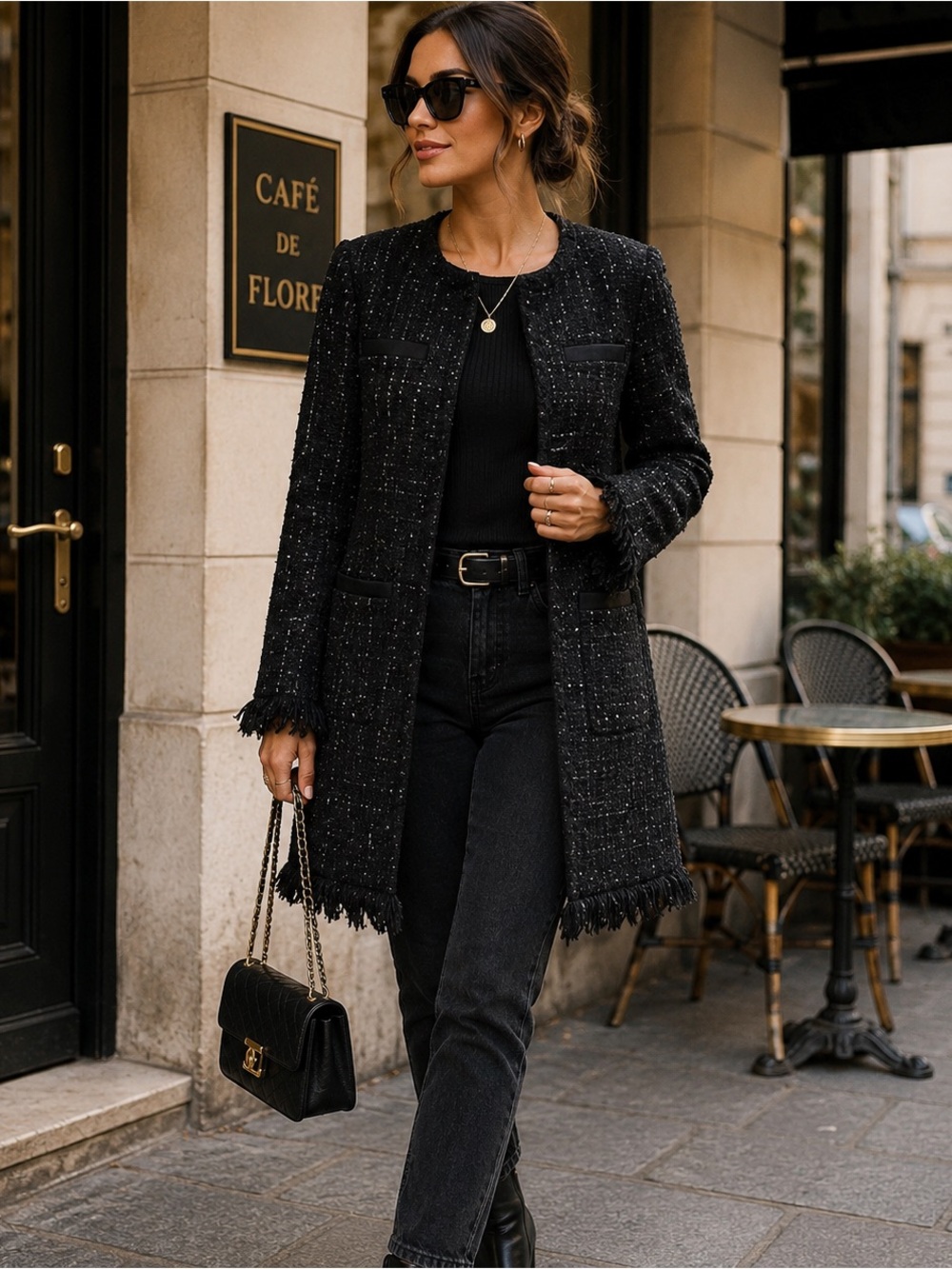 Vertigo Paris Black Tweed Fringe Long Jacket XS Wool Blend Metallic